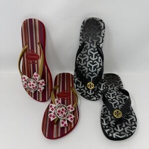 Tory Burch Black Logo Flip Flops and Havaianas Red Bow Stripe Sandals Size 6